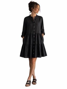 Alice Walk 100% Linen Collared Tiered Shirt Mini Dress Black